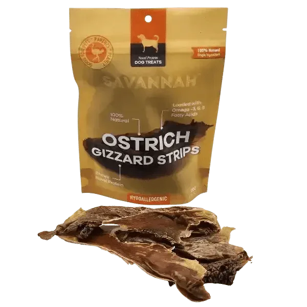 Savannah Chewy Ostrich Gizzard Strips. Protein & Omega - 3 rich, Natural Dog Chew Treat - Talis Us