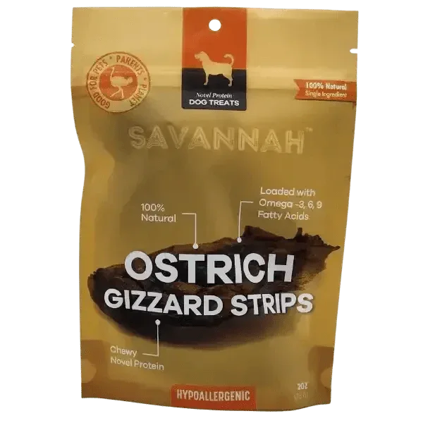Savannah Chewy Ostrich Gizzard Strips. Protein & Omega - 3 rich, Natural Dog Chew Treat - Talis Us