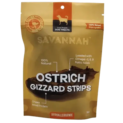 Savannah Chewy Ostrich Gizzard Strips. Protein & Omega - 3 rich, Natural Dog Chew Treat - Talis Us