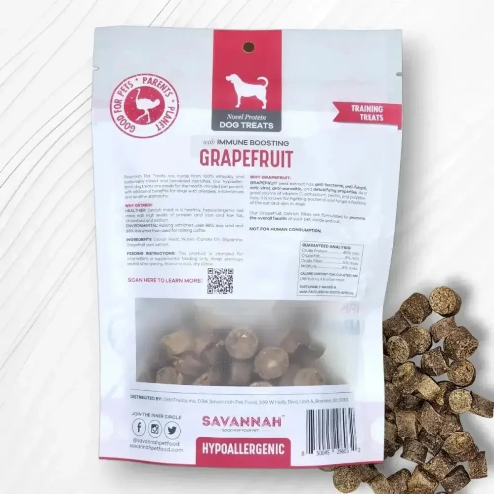 Savannah Hypoallergenic Ostrich Bites. Dog Treats with Immune Boosting Grapefruit 3oz - Talis Us