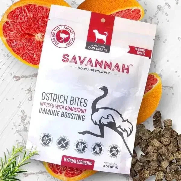 Savannah Hypoallergenic Ostrich Bites. Dog Treats with Immune Boosting Grapefruit 3oz - Talis Us