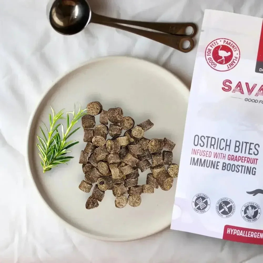 Savannah Hypoallergenic Ostrich Bites. Dog Treats with Immune Boosting Grapefruit 3oz - Talis Us