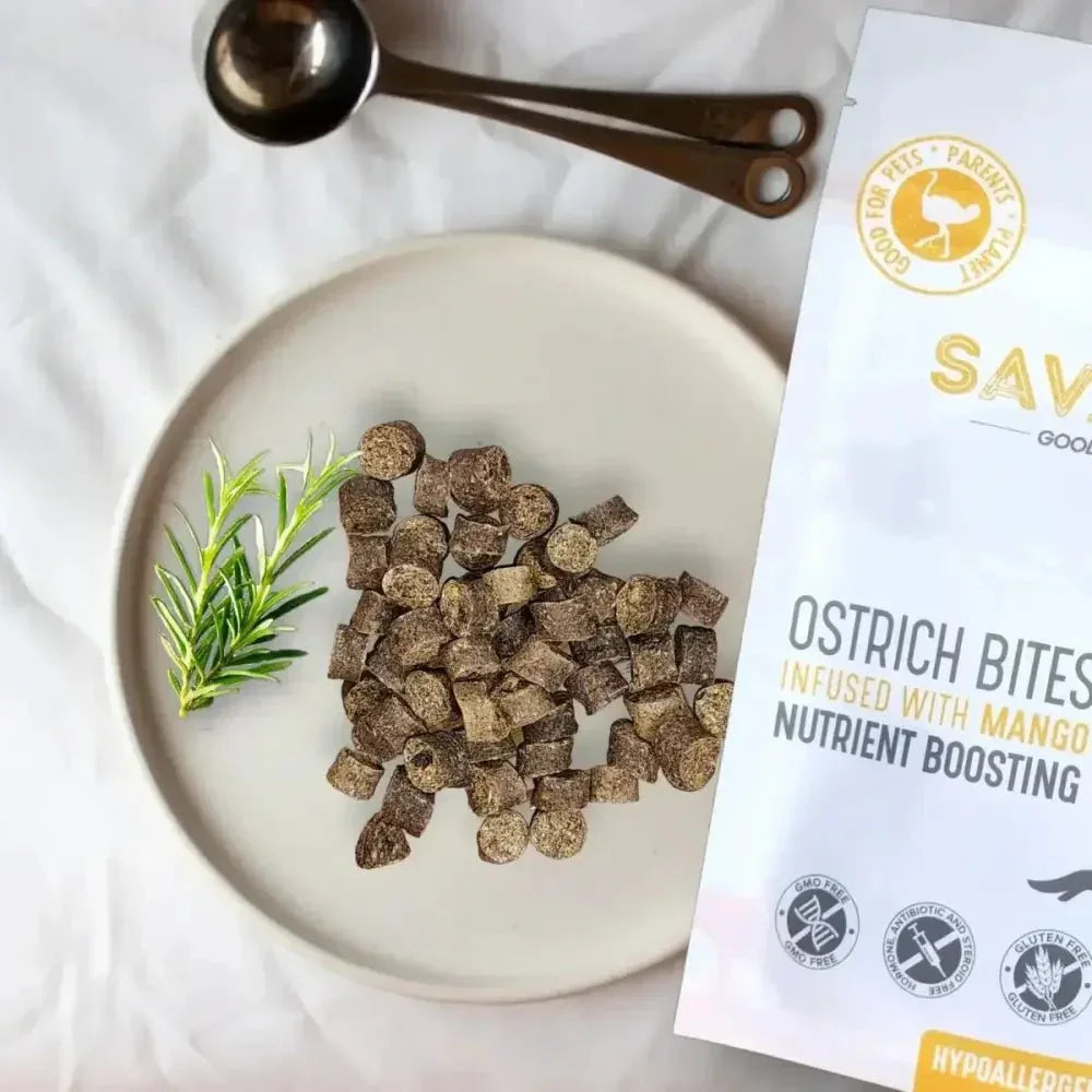 Savannah - Hypoallergenic Ostrich Bites. Dog Treats with Nutritious Mango 3oz - Talis Us