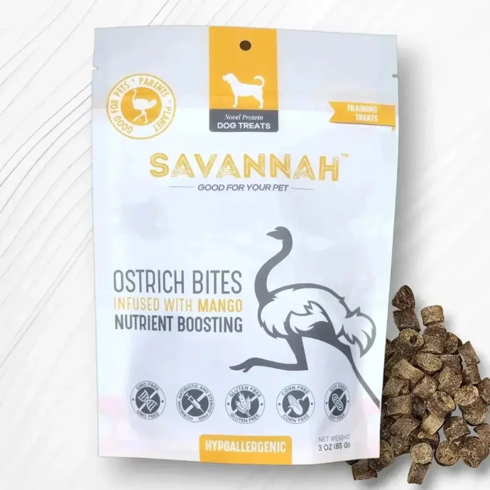 Savannah - Hypoallergenic Ostrich Bites. Dog Treats with Nutritious Mango 3oz - Talis Us
