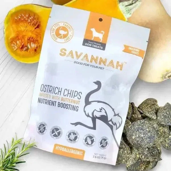 Savannah Hypoallergenic Ostrich Chips. Dog Treats with Nutritious Butternut 2.5oz - Talis Us