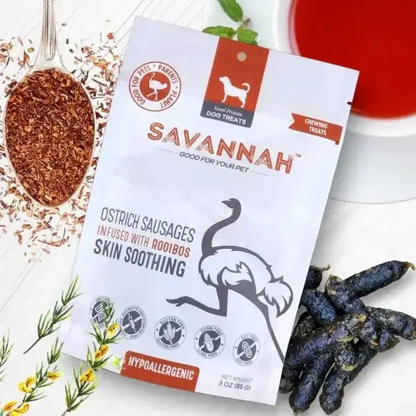 Savannah - Hypoallergenic Ostrich Sausages. Dog Treats with Skin Soothing Rooibos - Talis Us