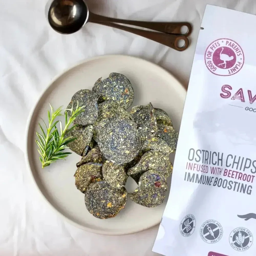 Savannah Pet Food Hypoallergenic Ostrich Chip Dog Treats with Immune Boosting Beetroot 2.5oz - Talis Us