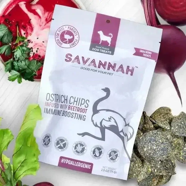Savannah Pet Food Hypoallergenic Ostrich Chip Dog Treats with Immune Boosting Beetroot 2.5oz - Talis Us