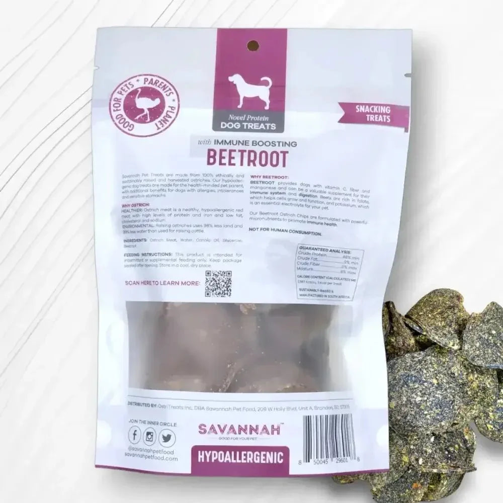 Savannah Pet Food Hypoallergenic Ostrich Chip Dog Treats with Immune Boosting Beetroot 2.5oz - Talis Us