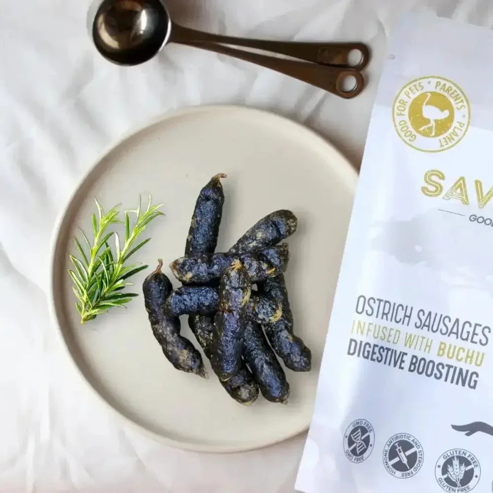 Savannah Pet Food Hypoallergenic Ostrich Sausages Dog Treats with Digestive Boosting Buchu - Talis Us