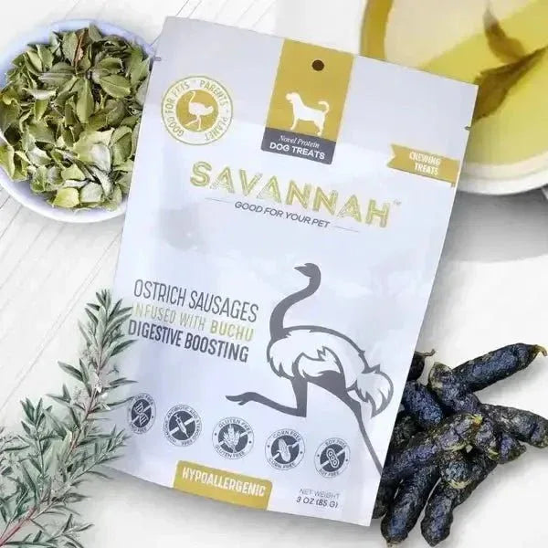 Savannah Pet Food Hypoallergenic Ostrich Sausages Dog Treats with Digestive Boosting Buchu - Talis Us