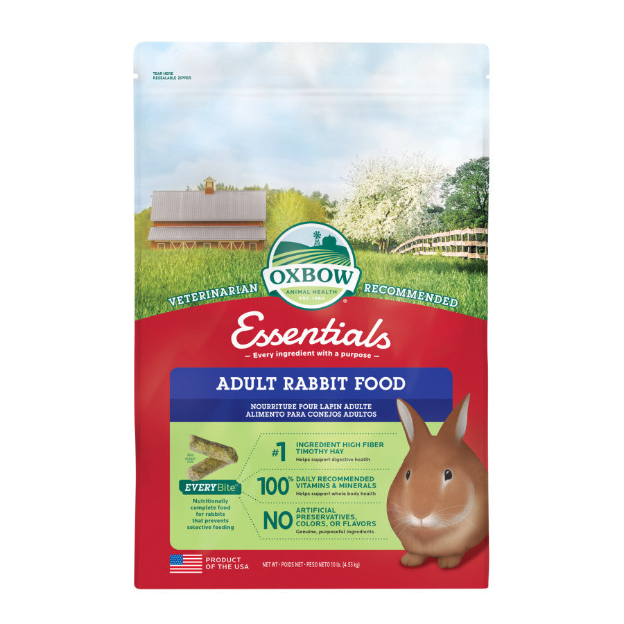 10 lb bag of Oxbow Essentials Adult Rabbit Food with Timothy hay and a brown rabbit illustration.