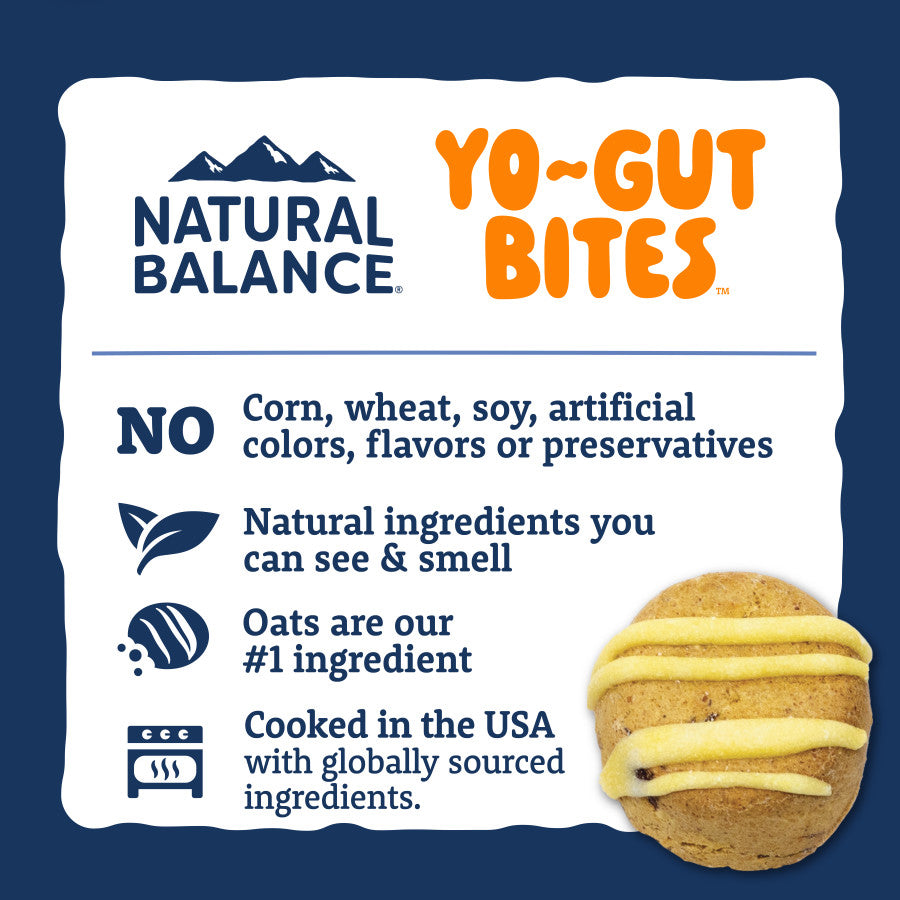 Natural Balance Yo-Gut Bites dog treats packaging highlighting oats as the main ingredient.