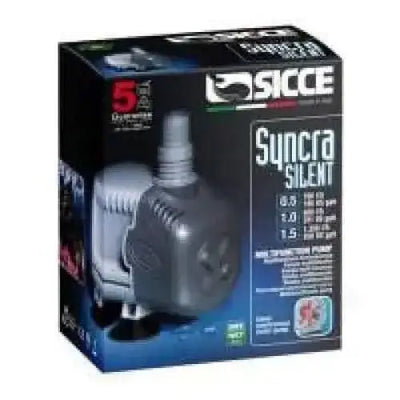 Sicce Syncra Silent 1.5 aquarium pump packaging showcasing energy-efficient design for aquariums