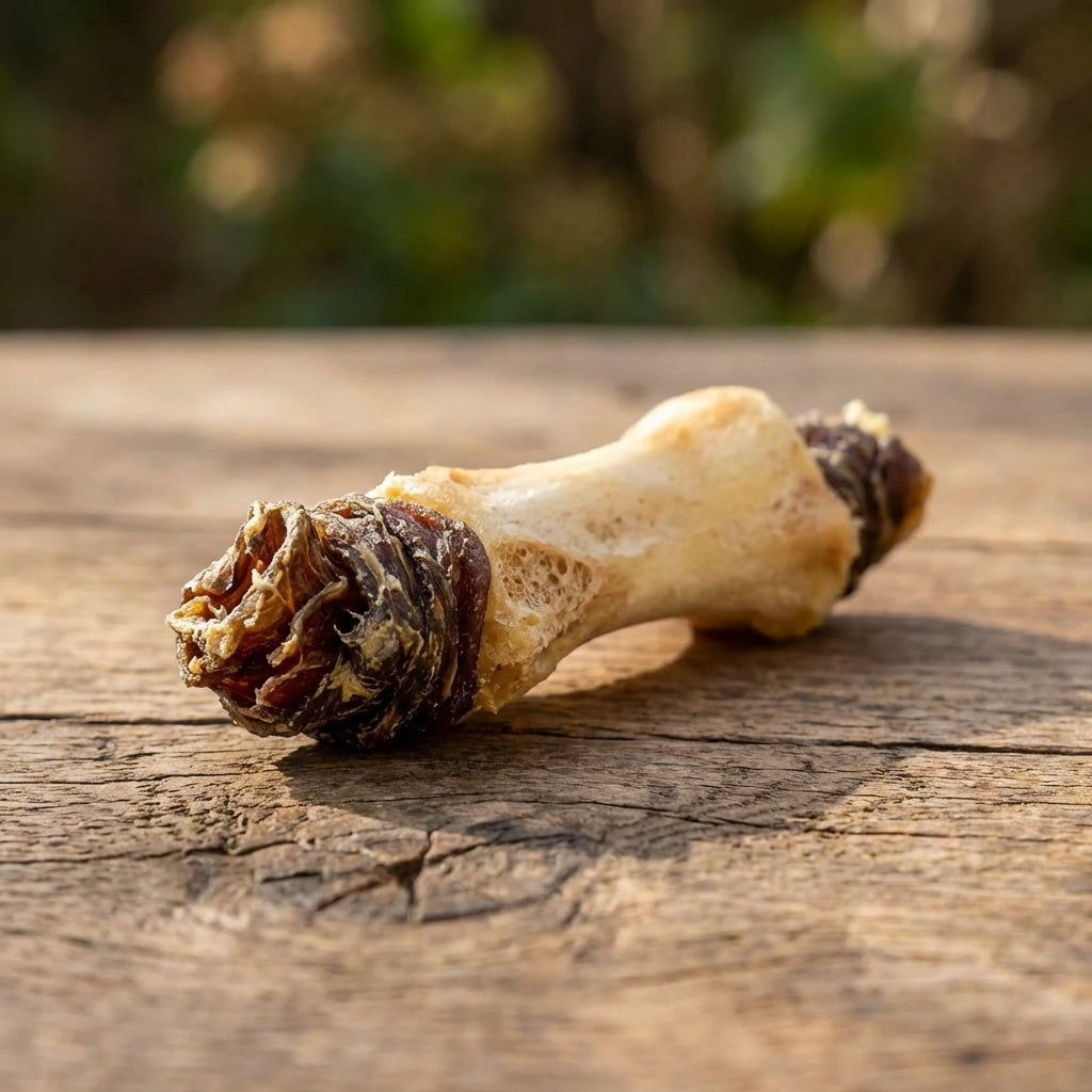 Close-up macro shot of a small natural bone and gullie dog treat on a rustic wooden surface, highlighting texture and detail.