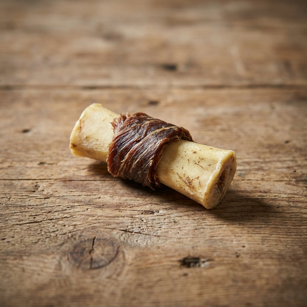 Close-up of small-sized Talis Us Natural Bone and Gullie dog treat on wooden surface, highlighting intricate textures and natural hues.