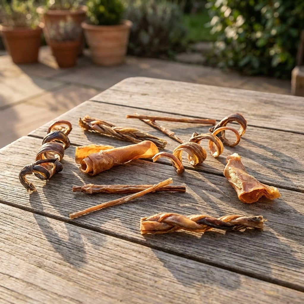 Close-up of Talis Us Pork Dog Treats Variety Pack with assorted shapes on a rustic wood surface in natural lighting.
