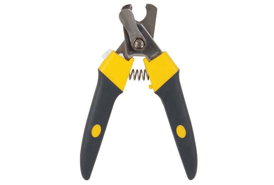 JW Gripsoft Deluxe Nail Clipper in gray and yellow with stainless steel blades and a safety lock.