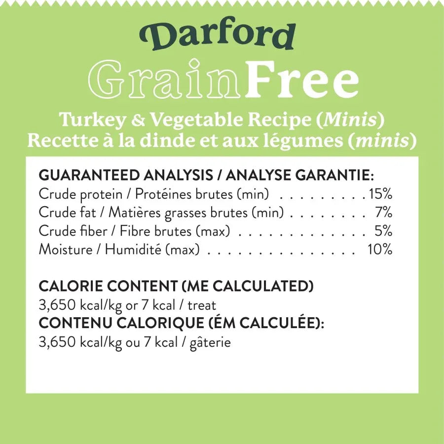 Dog treats nutritional information by Darford, detailing ingredients and calorie content on a green background.
