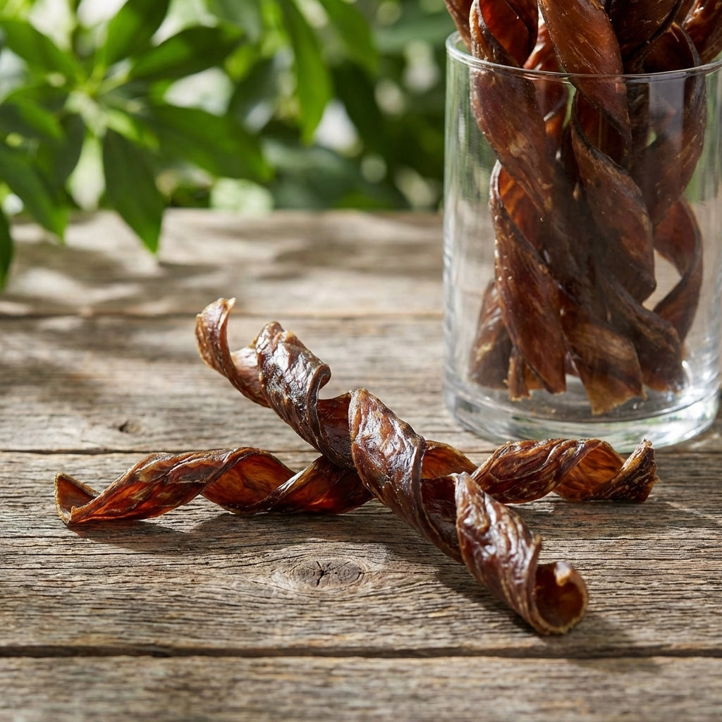 Close-up of spring-shaped beef jerky treats for dogs with crisp texture and natural beef color, on rustic wood with outdoor ambiance.