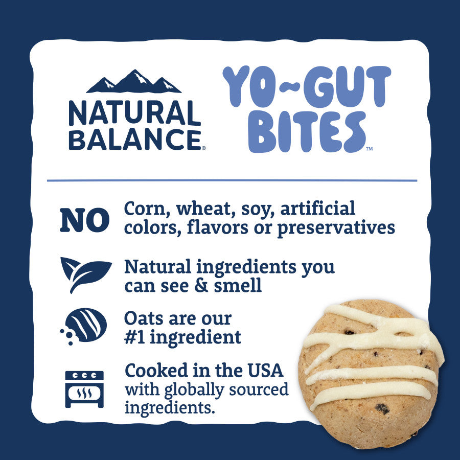 Close-up of dog treat packaging highlighting all-natural ingredients with oats as the main component and a single treat shown