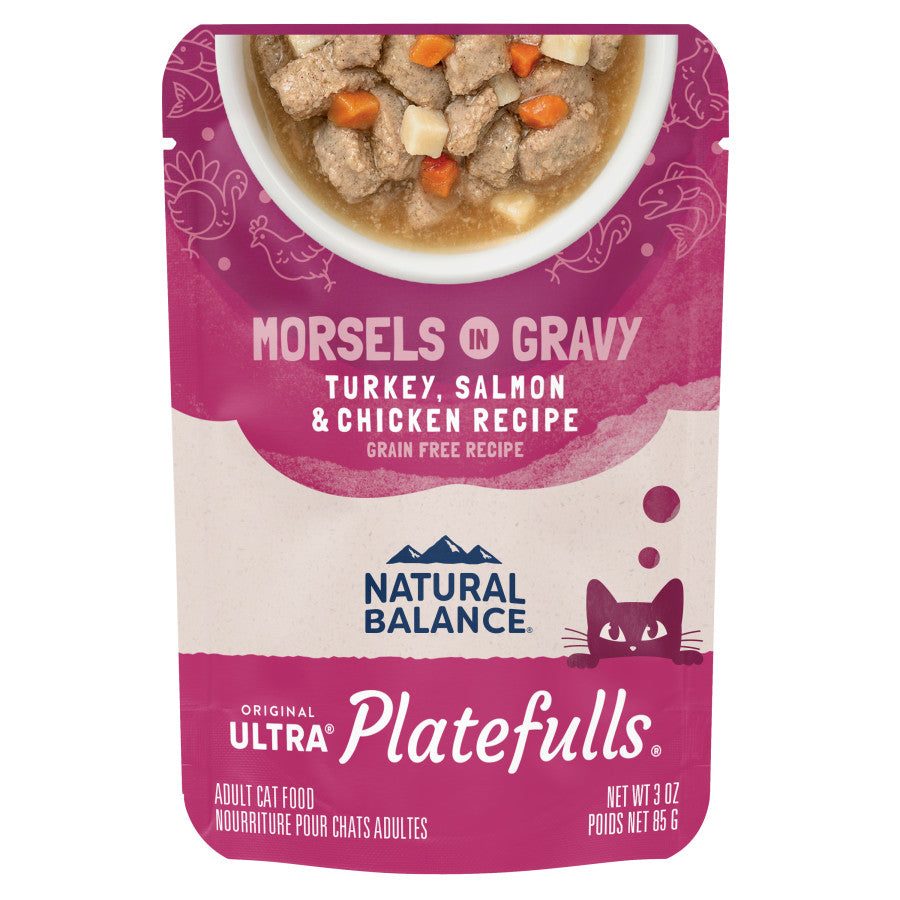 Natural Balance Platefulls Turkey, Salmon & Chicken Morsels in Gravy wet cat food 3 oz pouch.