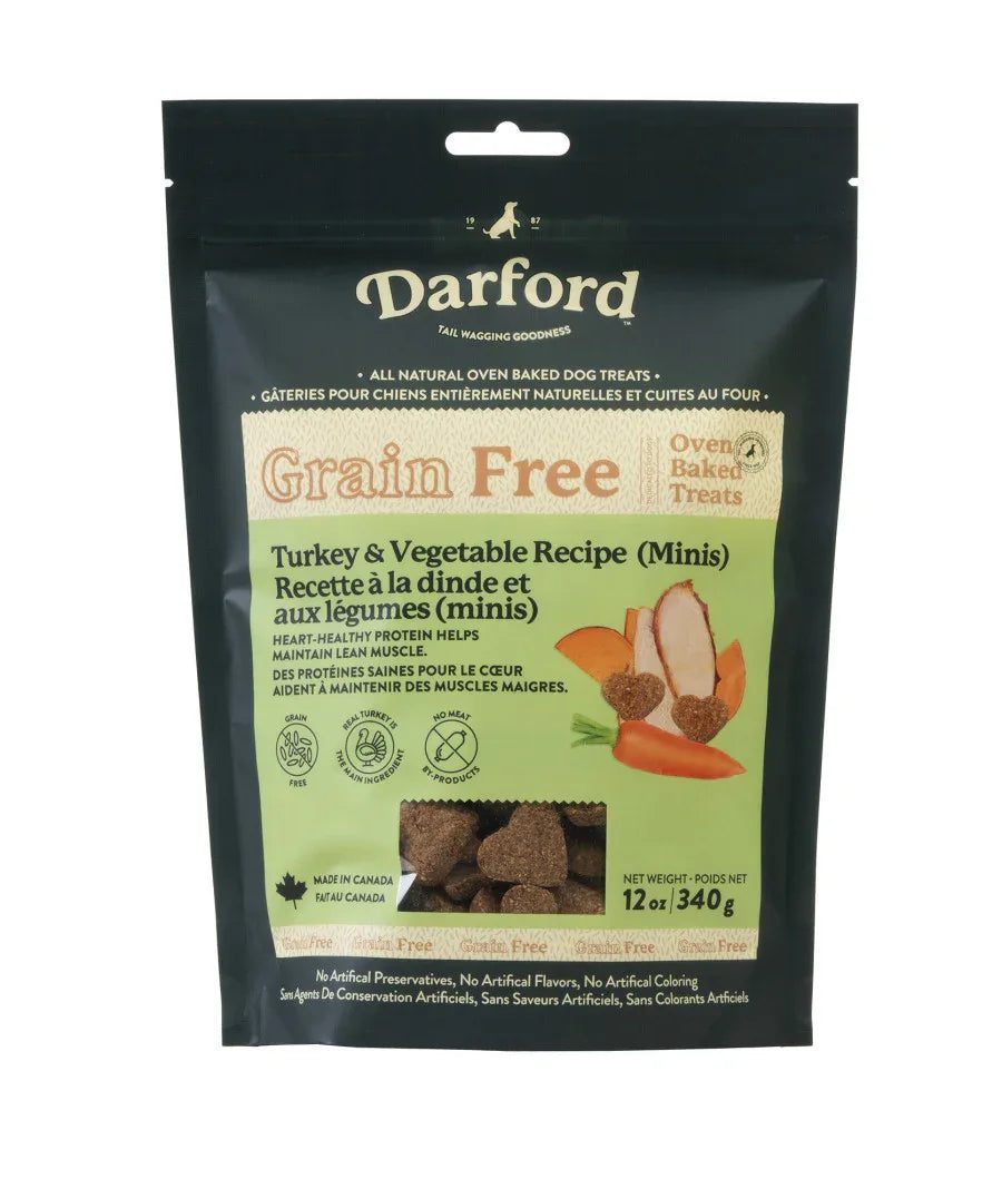 Grain-free turkey minis dog treats by Darford, in a black bag with vegetable graphics.