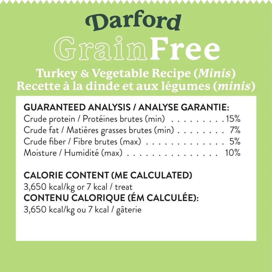Dog treats nutritional information by Darford, detailing ingredients and calorie content on a green background.
