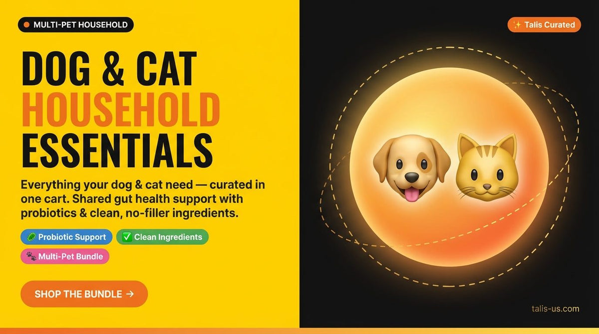 Illustration of smiling dog and cat emojis inside glowing circle with text promoting pet health essentials bundle
