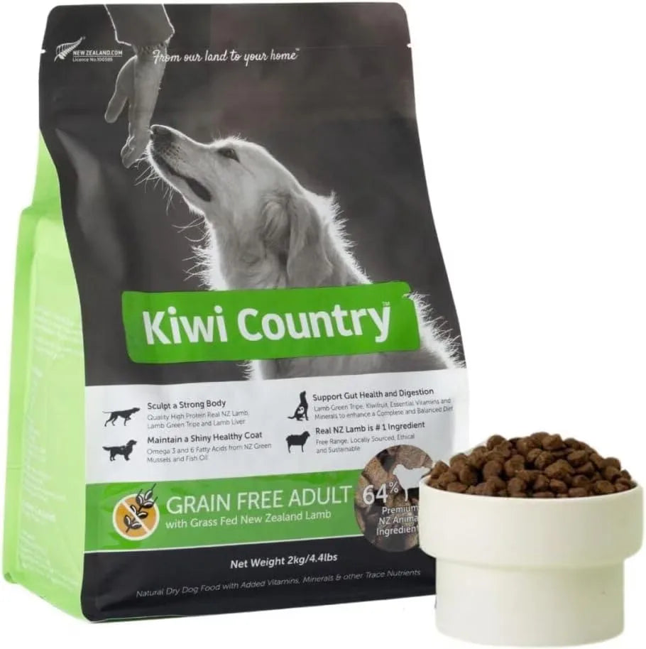 Kiwi Country grain free lamb dog food in green bag with kibble in a bowl, ideal for adult dogs