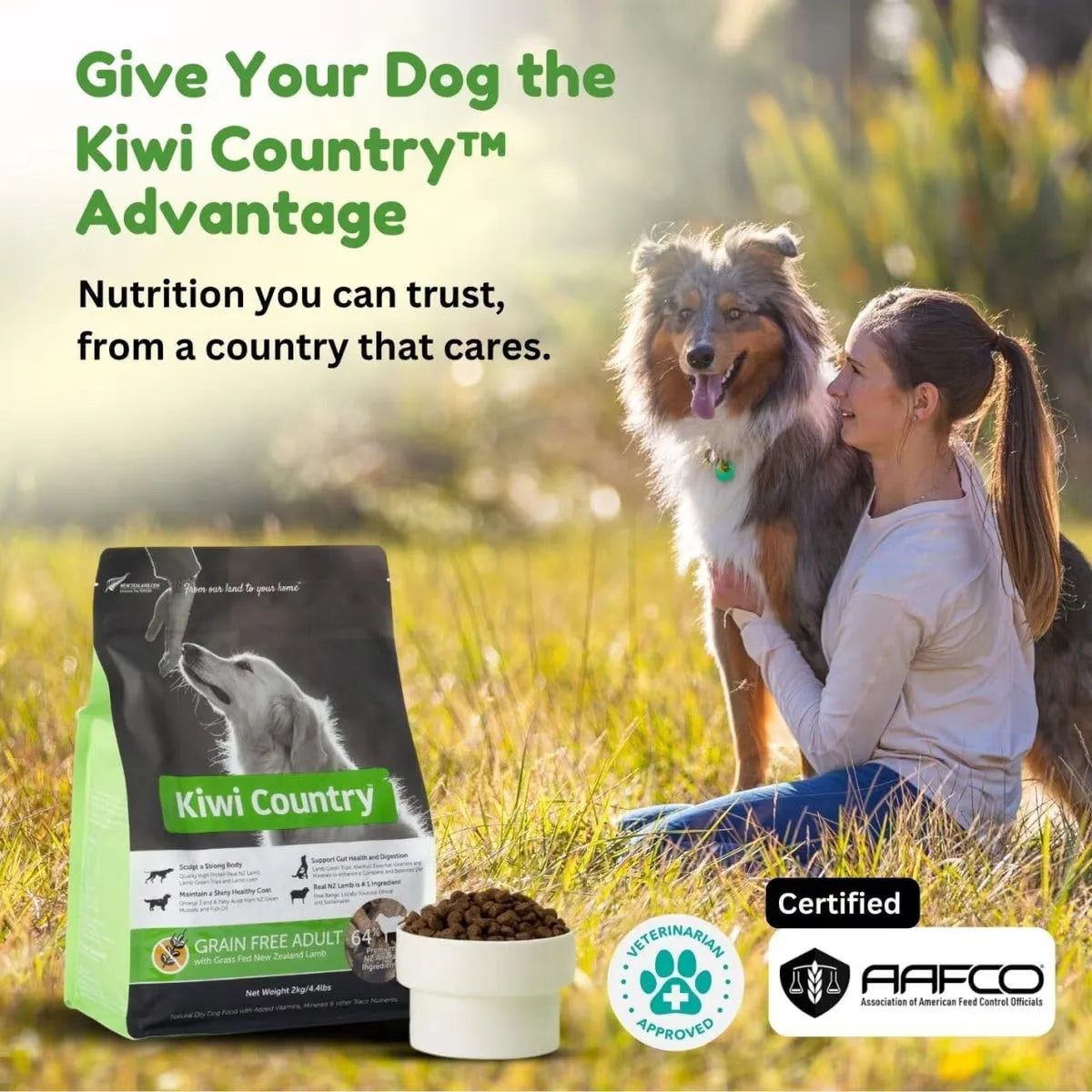 Kiwi Country grain free lamb dog food bag with a woman and her dog in a grassy field