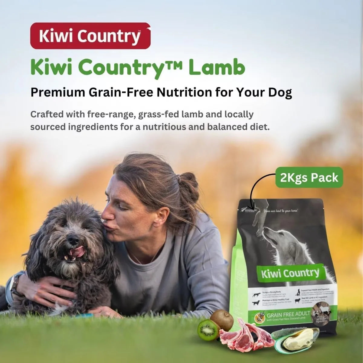 Kiwi Country grain free lamb dog food 2kg pack for premium nutrition for dogs with grass-fed lamb