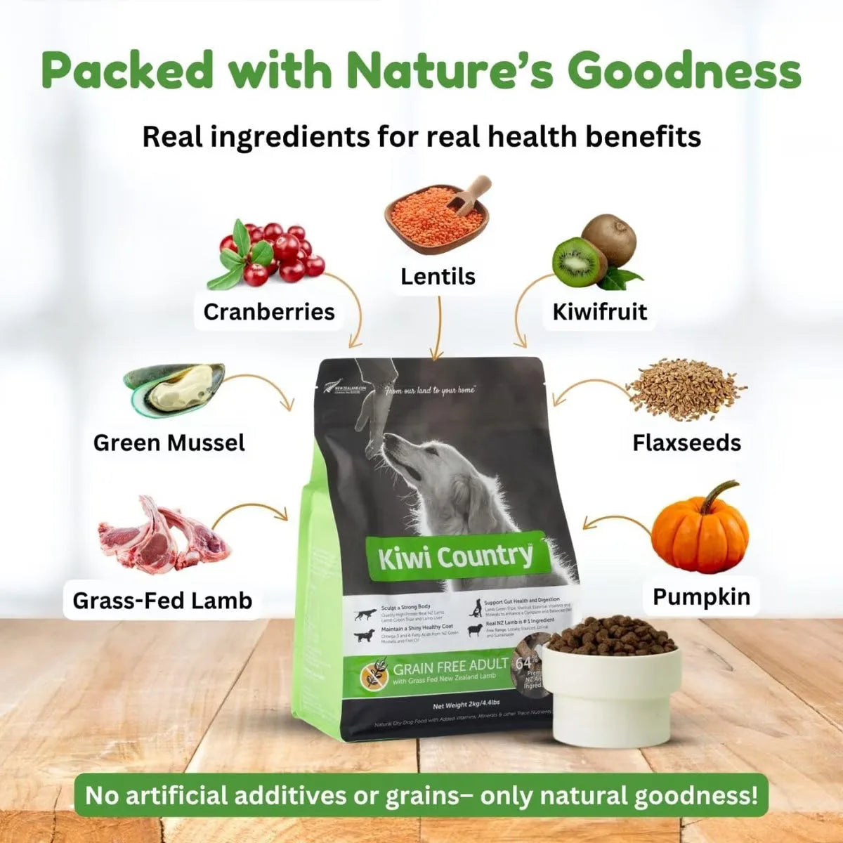 Kiwi Country Grain Free Lamb Dog Food with real ingredients like cranberries and flaxseeds for adult dogs
