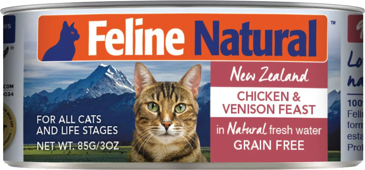 Feline Natural Grain-Free Chicken & Venison Feast canned cat food, 85g can with a tabby cat image.