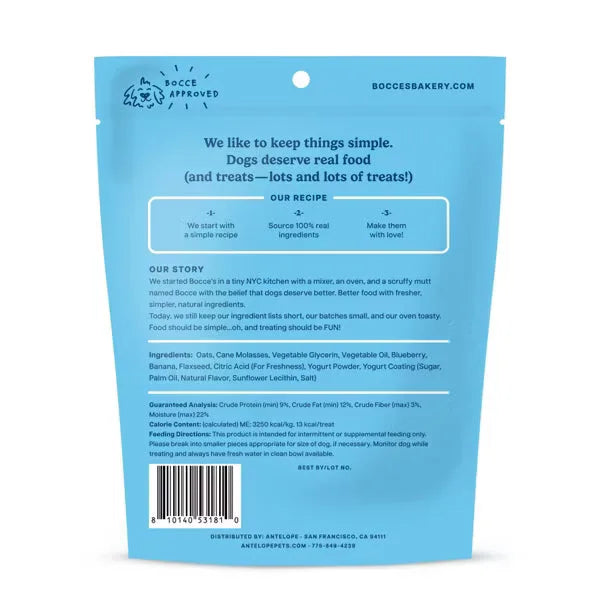 Bocce's Bakery Dog Treats Very Berri Froyo, soft & chewy, 6oz package with a blue background and ingredient details.