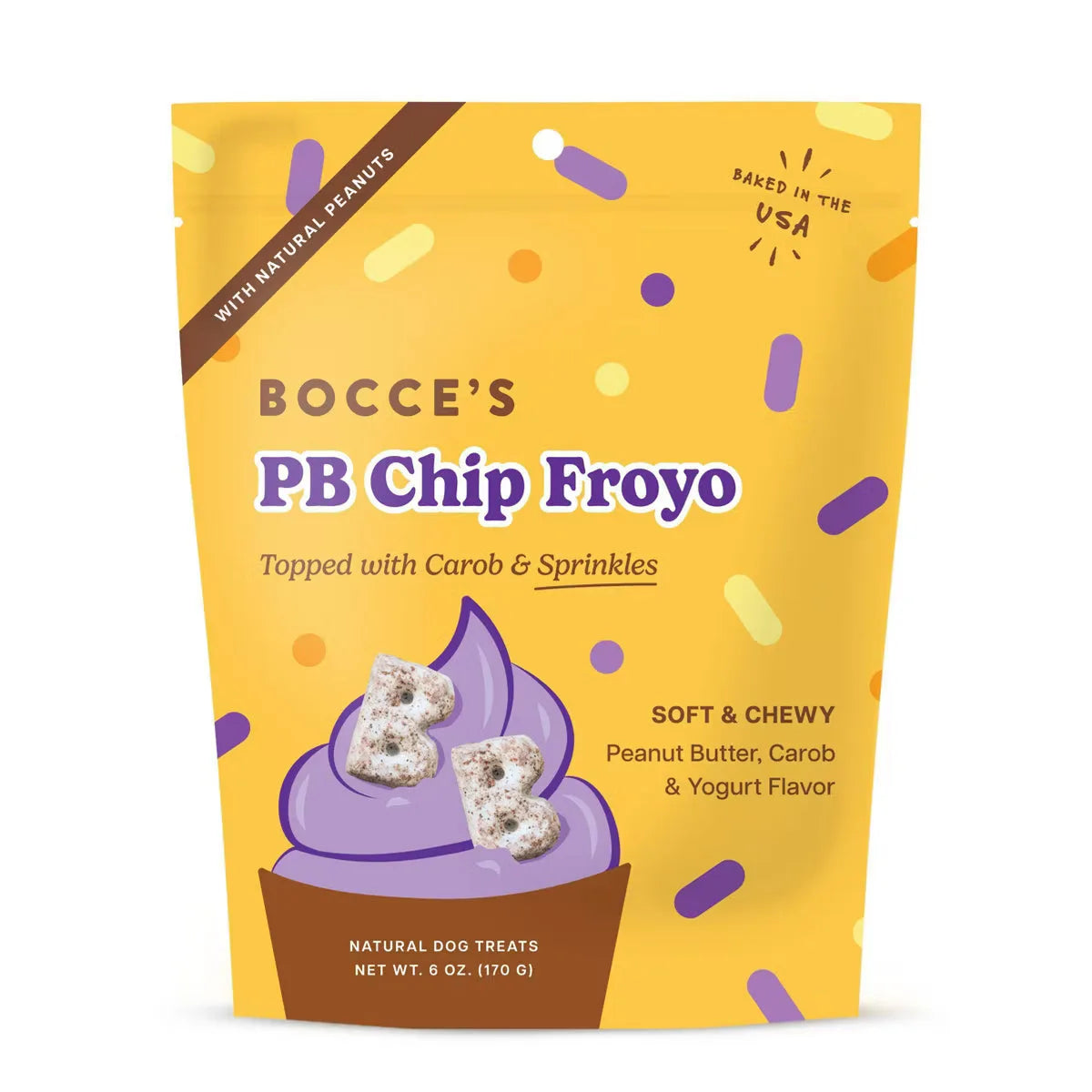 Bocce's Bakery Dog Treats PB Chip Froyo 6oz package features a purple froyo graphic topped with carob and colorful sprinkles.