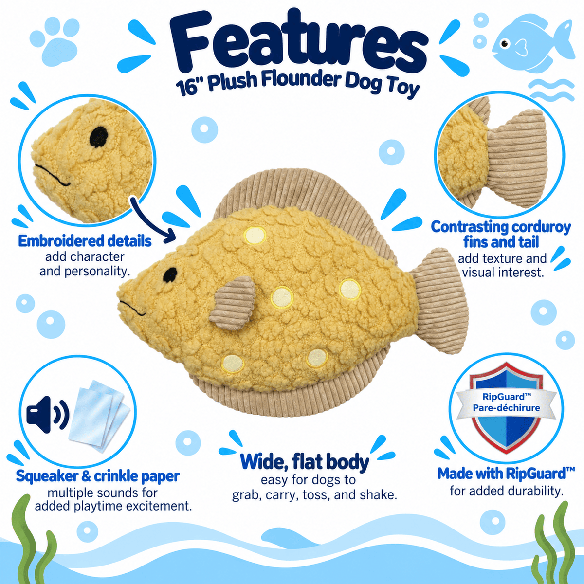 Petlou Aqua Cuddles Flounder Dog Toys 16"