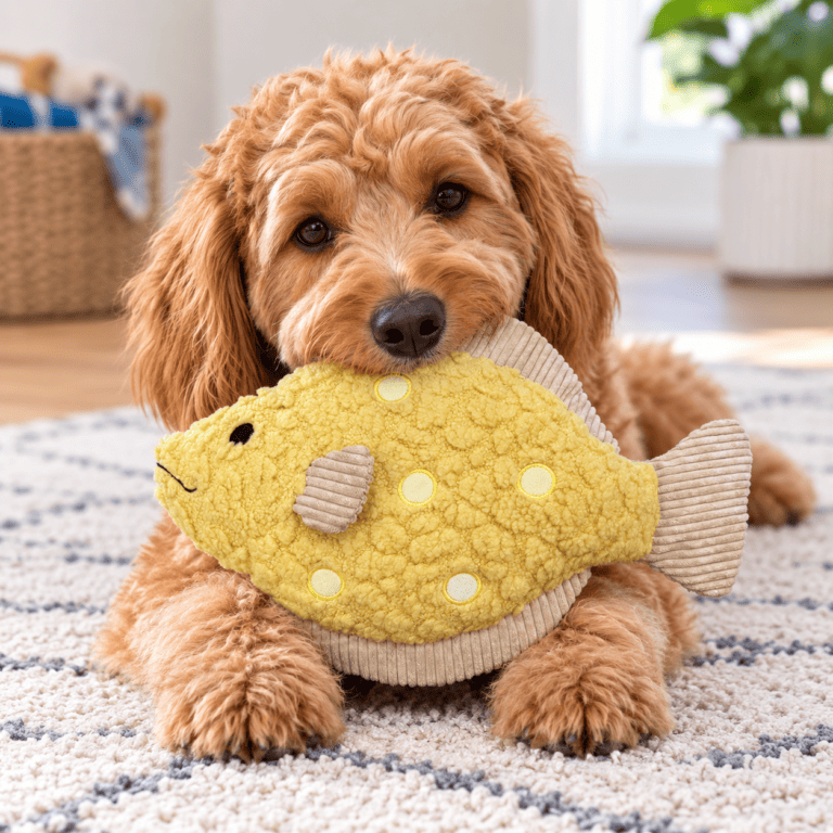 Golden doodle dog with Petlou Aqua Cuddles Flounder toy.