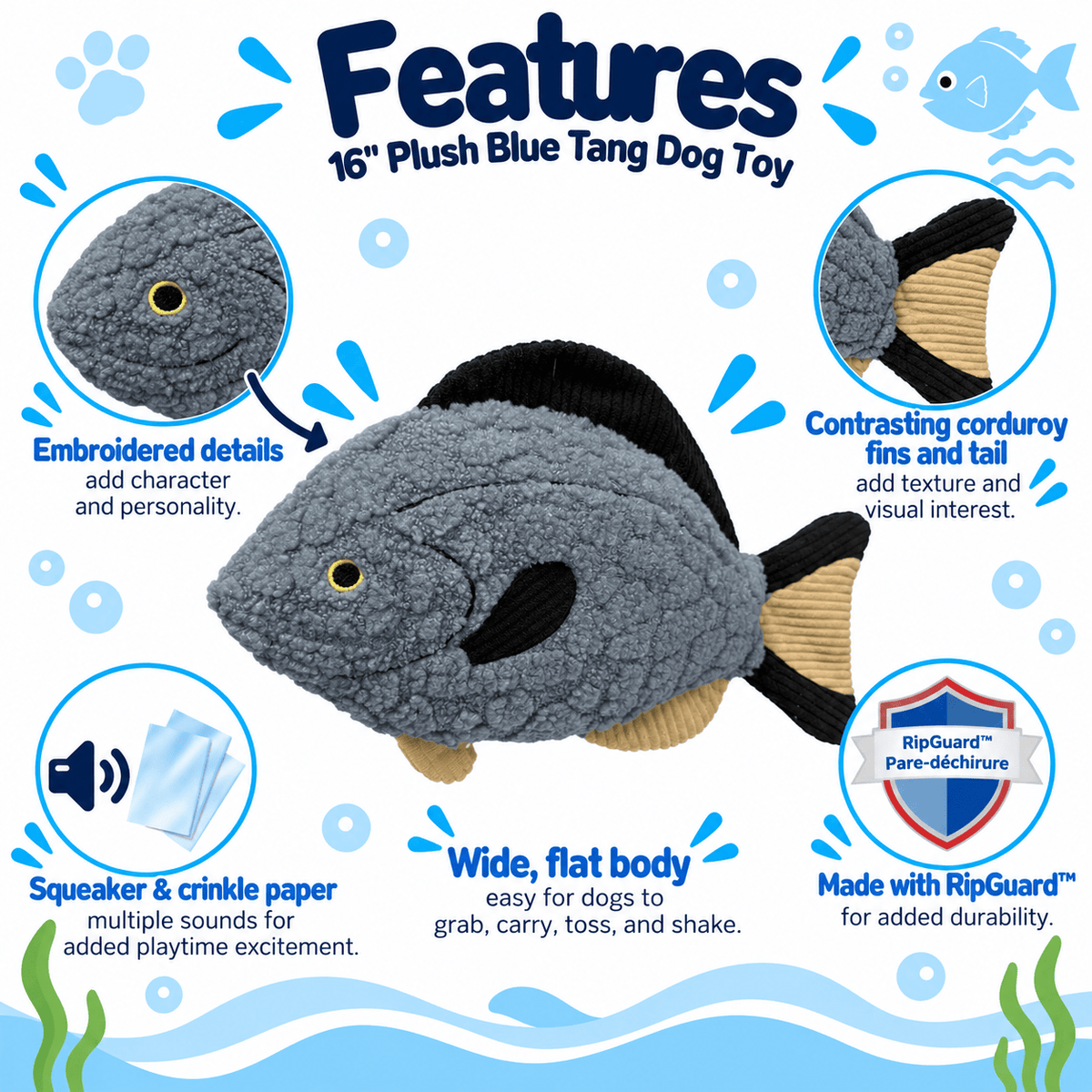 Petlou Aqua Cuddles Blue Tang Dog Toys 16"