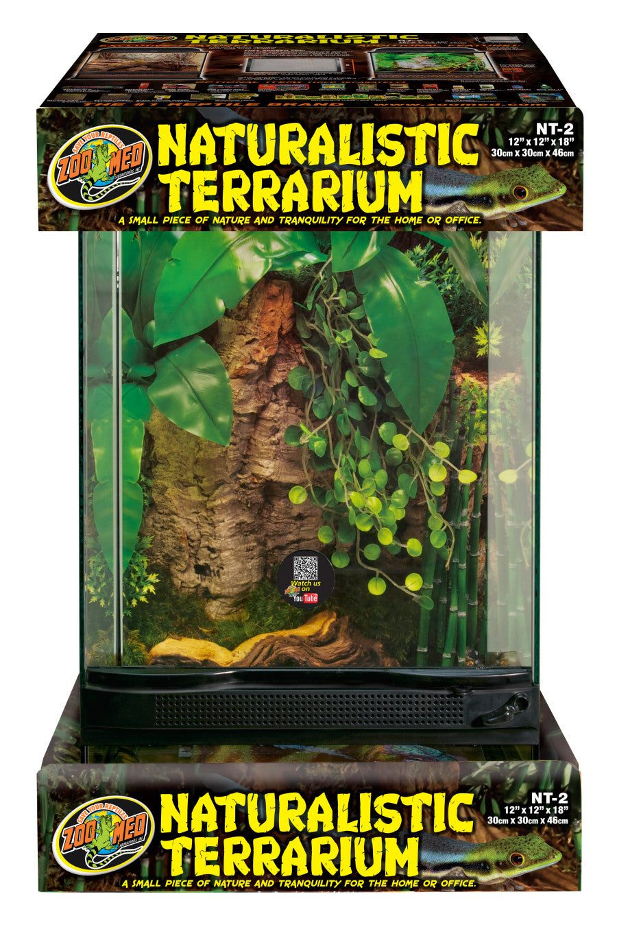 Zoo Med Naturalistic Terrarium 12"x12"x18" featuring a lush green interior with plants and a textured background for reptiles