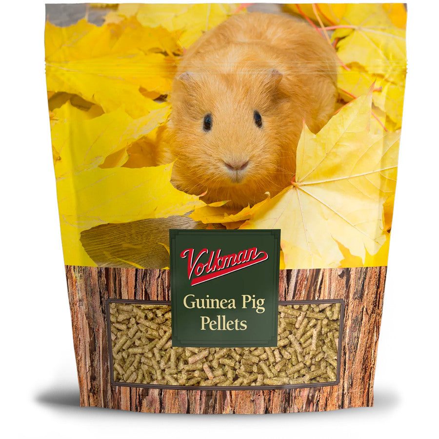 Volkman Guinea Pig Pellets bag featuring a guinea pig in yellow leaves and a clear window of food.