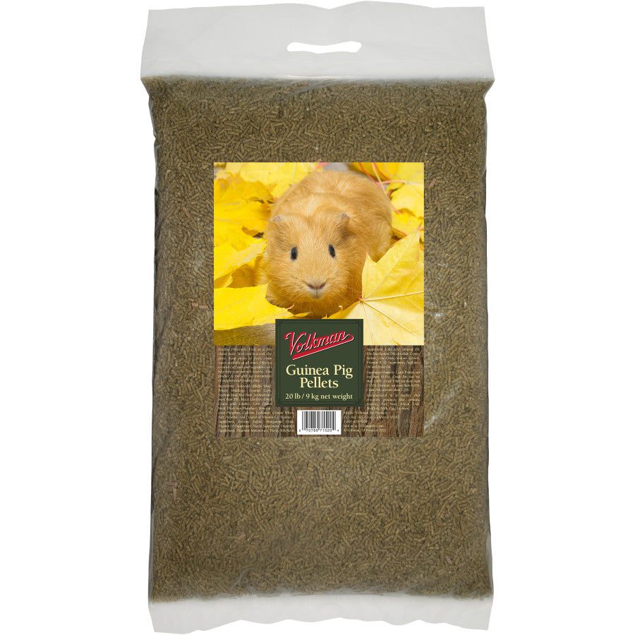 20 lb bag of Volkman Guinea Pig Pellets featuring a guinea pig on a bed of yellow autumn leaves.