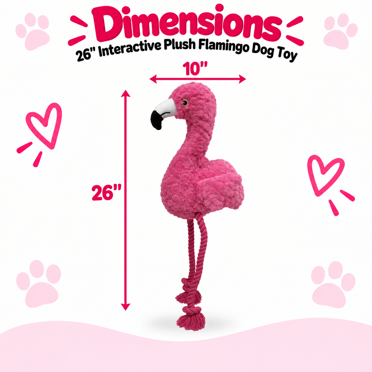 Petlou Tuggyz Flamingo Dog Tug Toy, a plush pink flamingo with rope legs, 26" tall.