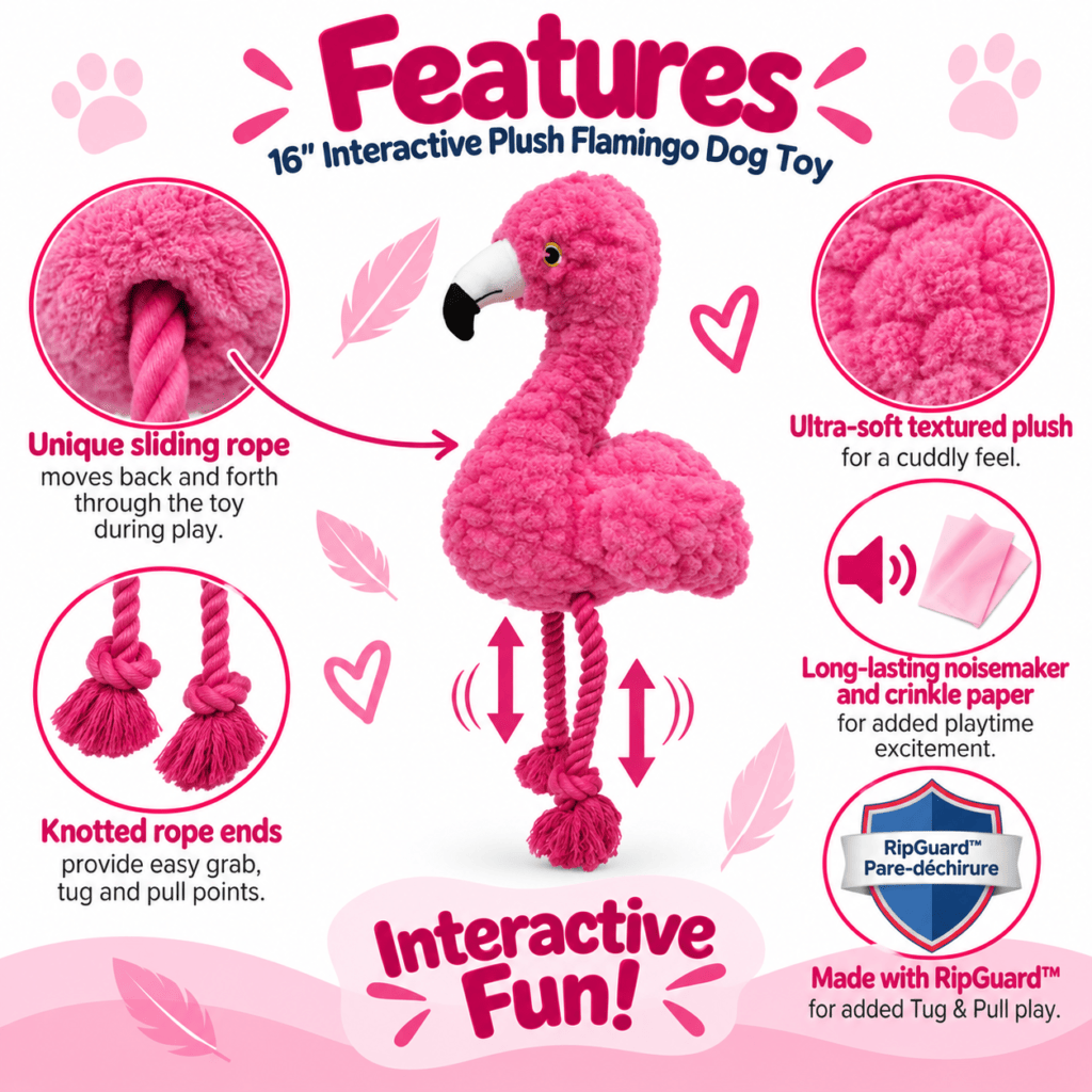 Petlou Tuggyz Flamingo Dog Tug Toy, a plush pink flamingo with rope legs, on a white background.