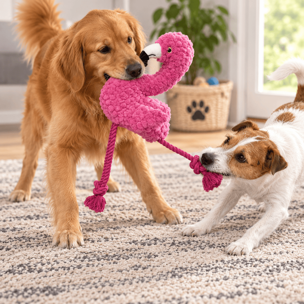 Golden retriever and Jack Russell playing tug-of-war with a pink Petlou Tuggyz Flamingo dog toy.