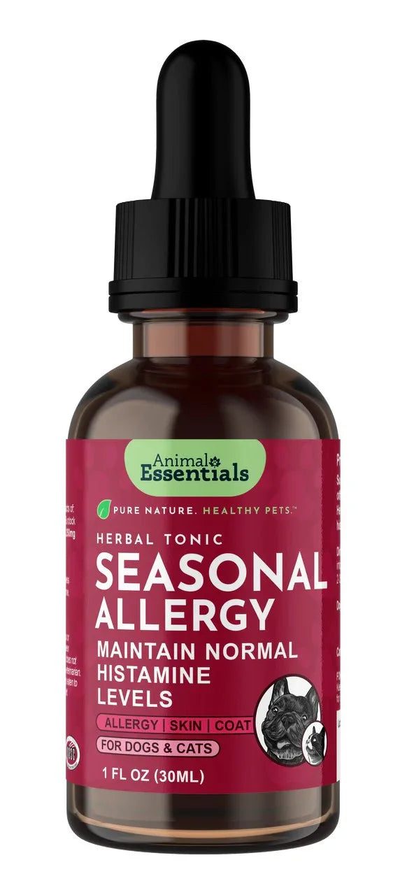Seasonal allergy support herbal formula for dogs and cats by Animal Essentials in a brown glass bottle with black dropper.