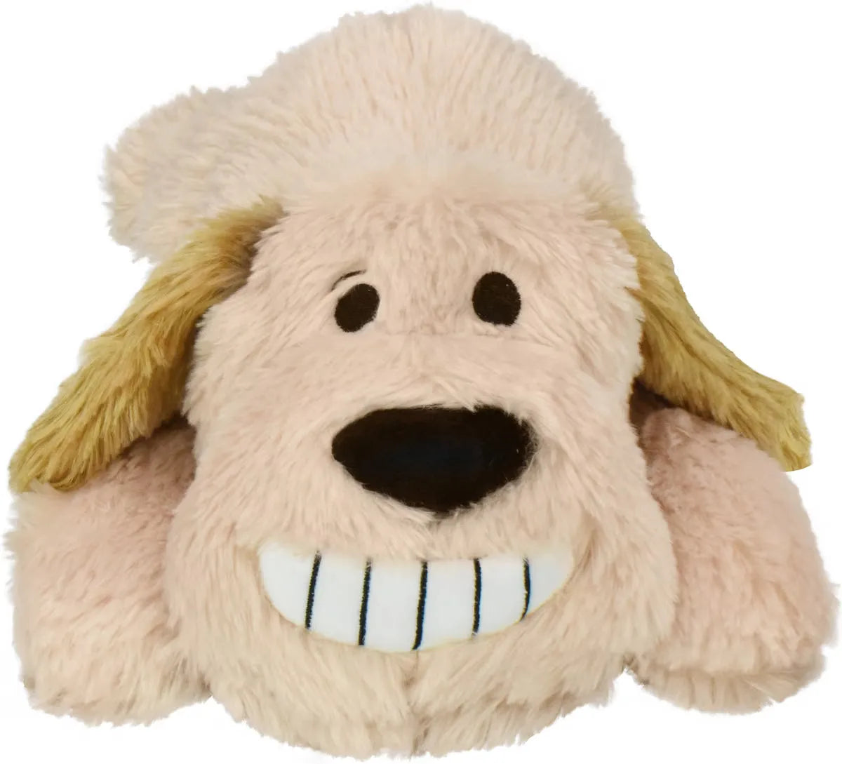 Plush beige dog-shaped toy with floppy ears and a wide stitched smile for comforting, gentle playtime.