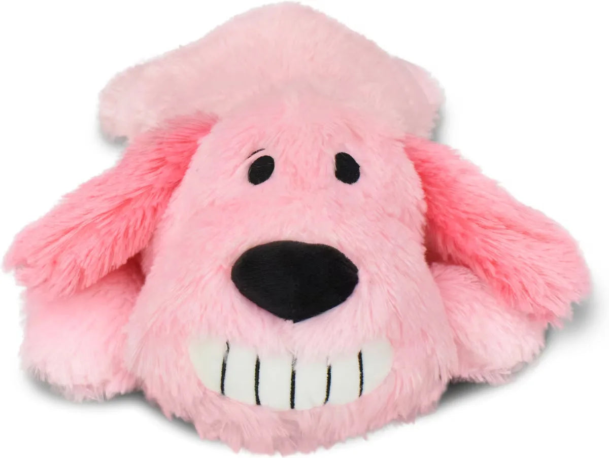 Plush pink dog toy with floppy ears, a wide smiling mouth, and a soft textured body for gentle play.