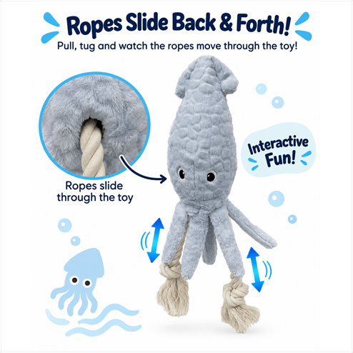 Petlou Tuggyz Squid Dog Tug Toy 20", grey plush squid with ropes for interactive fun.