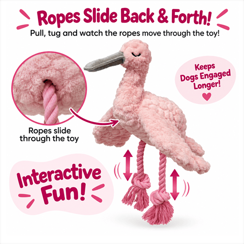 Petlou Tuggyz Spoonbill Dog Tug Toy in pink, with ropes that slide through the toy.